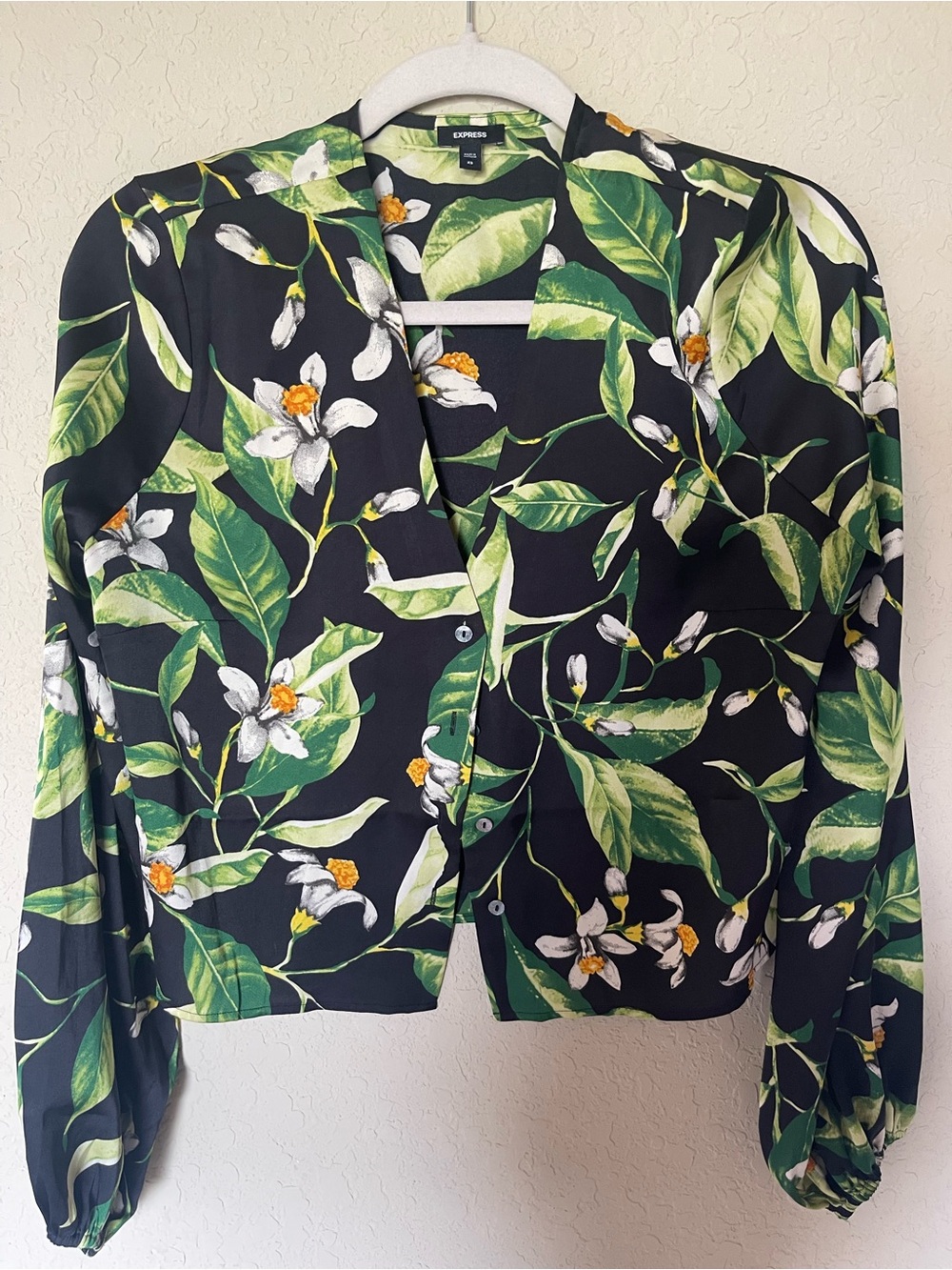 Express Black Floral Button-Down Shirt with Green Leaves